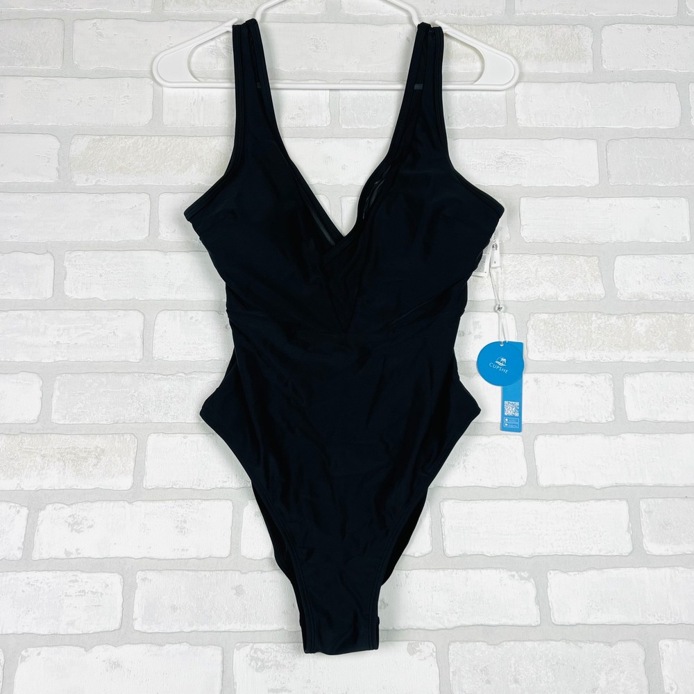 CUPSHE Women Black One Piece Swimsuit Mesh V Neck Cutout Back Monokini NEW Small
